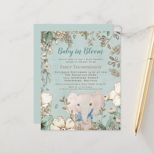 Papier Budget Baby In Bloom Elephant Baby shower Invitati (Devant/Arrière en situation)