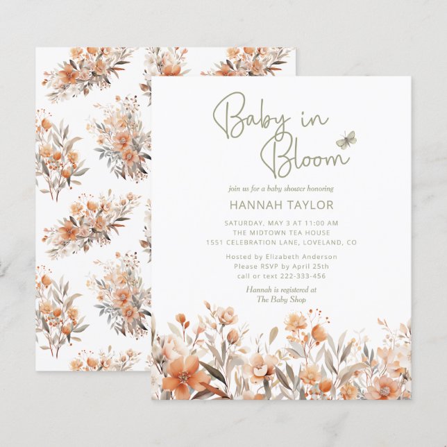 Papier Budget Baby in Bloom Girl Boho Baby shower Invitat (Devant / Derrière)