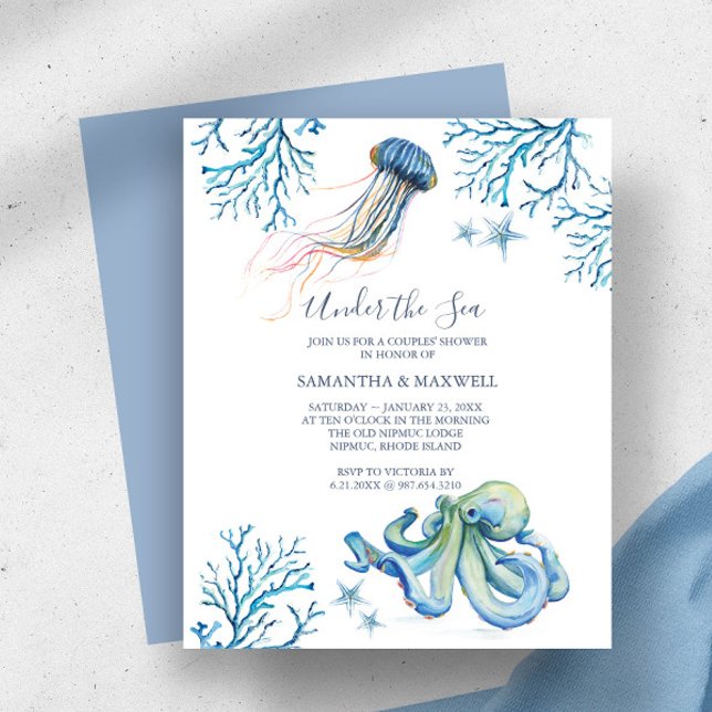 Papier Budget Baby shower Aquarelle Sous Le Thème Mer (baby boy shower invitations watercolor under the sea watercolor octopus starfish corals DoTellABelle)