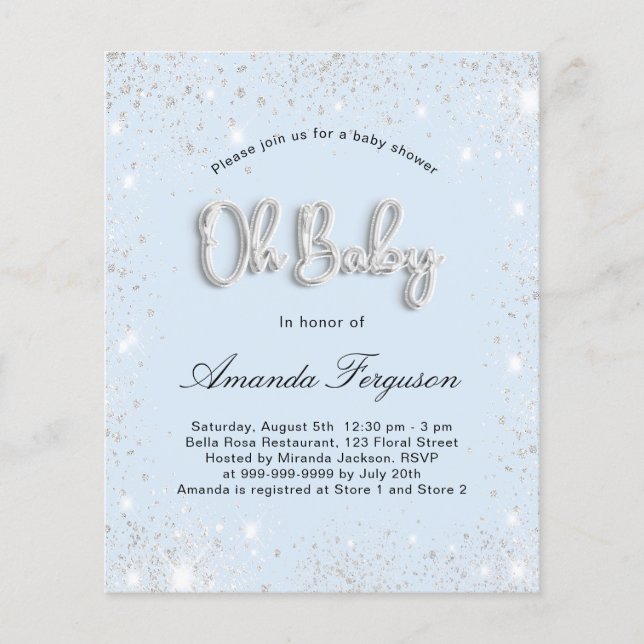 Papier Budget Baby shower bébé bleu garçon argent parties (Devant)