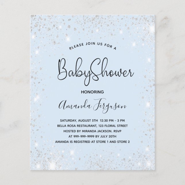 Papier Budget Baby shower bébé bleu garçon argent parties (Devant)