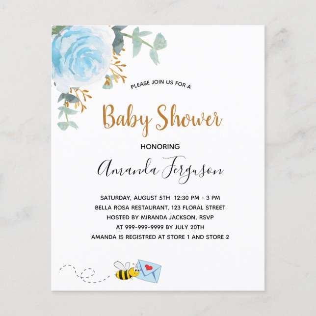 Papier Budget Baby shower bleu fleuri eucalyptus bee boy (Devant)
