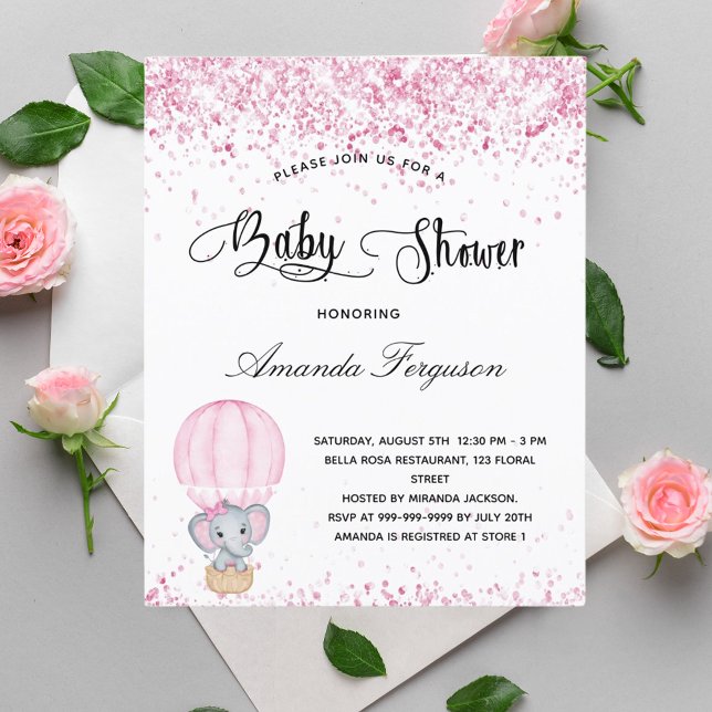 Papier Budget Baby shower éléphant fille rose vif blanc (Créateur téléchargé)