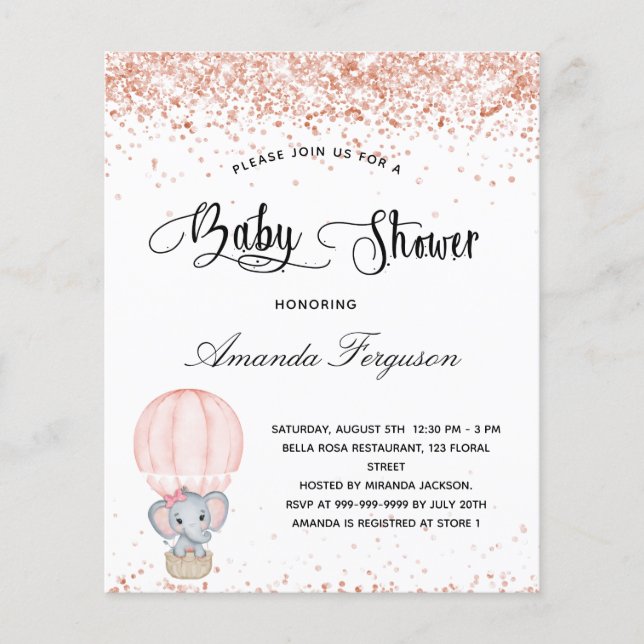 Papier Budget Baby shower éléphant fille rougir blanc (Devant)