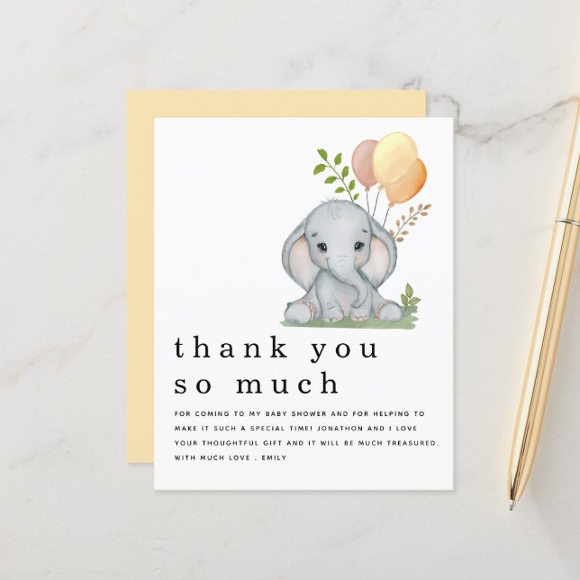 Papier BUDGET Baby shower Eléphant mignon Merci Jaune (Devant/Arrière en situation)