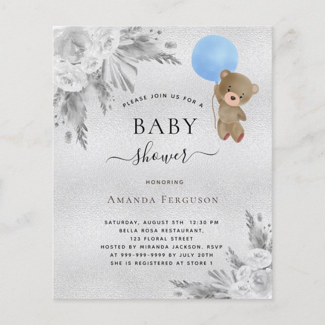 Papier Budget Baby shower pampas herbe argent teddy boy (Devant)