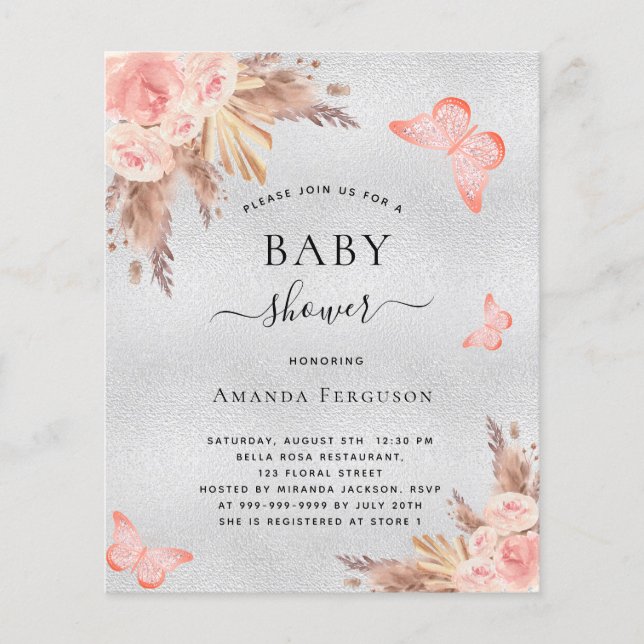 Papier Budget Baby shower papillon pampas blush argent (Devant)