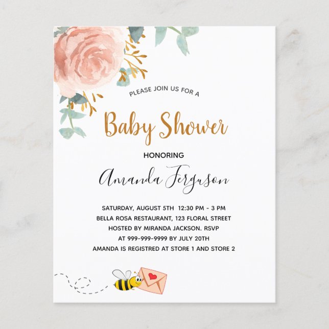 Papier Budget Baby shower rose bumble abeille vert fleuri (Devant)