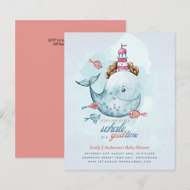 Papier BUDGET Baby shower Sea Life Whale Boys Invitation  (Devant / Derrière)