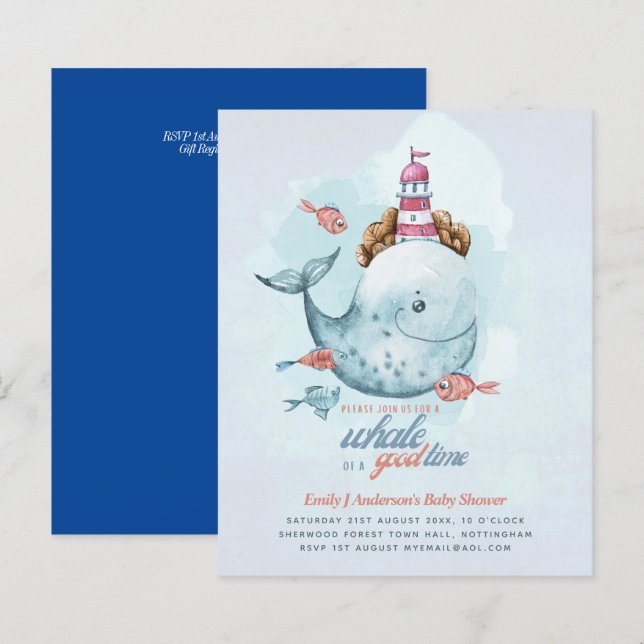Papier BUDGET Baby shower Sea Life Whale Boys Invitation  (Devant / Derrière)