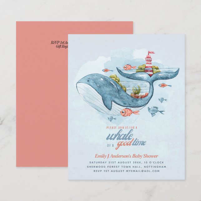 Papier BUDGET Baby shower Sea Life Whale Boys Invitation  (Devant / Derrière)