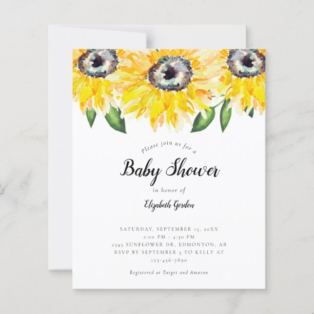Papier Budget Baby shower tournesol élégant Script chic (Devant)