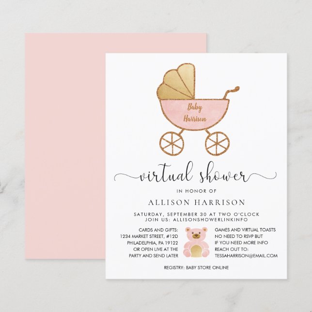 Papier Budget Baby shower virtuel Retro Carriage rose (Devant / Derrière)