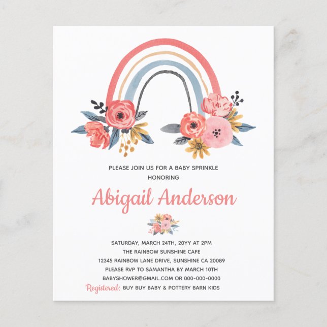 Papier Budget Baby Sprinkle Rainbow Floral Invitation (Devant)