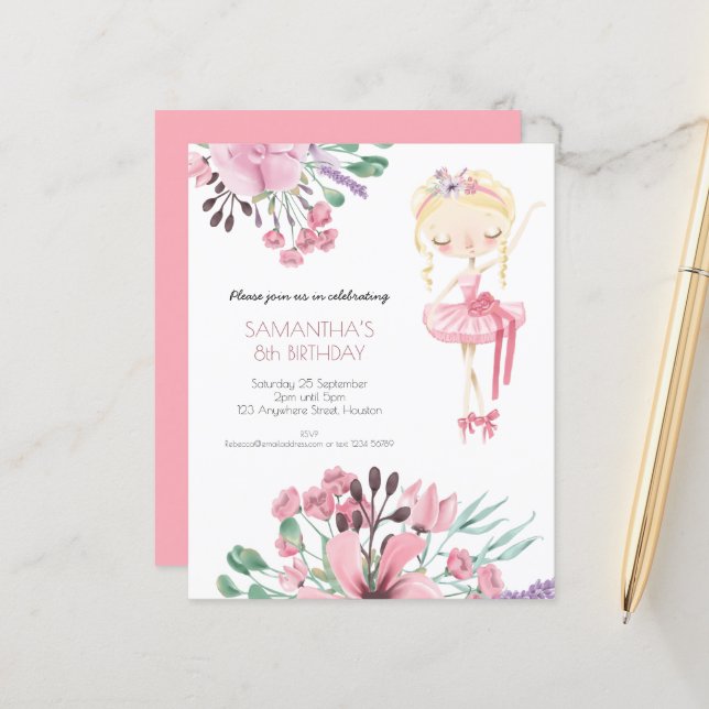 Papier Budget Ballerina Florals Fille 8e fête d'anniversa (Devant/Arrière en situation)