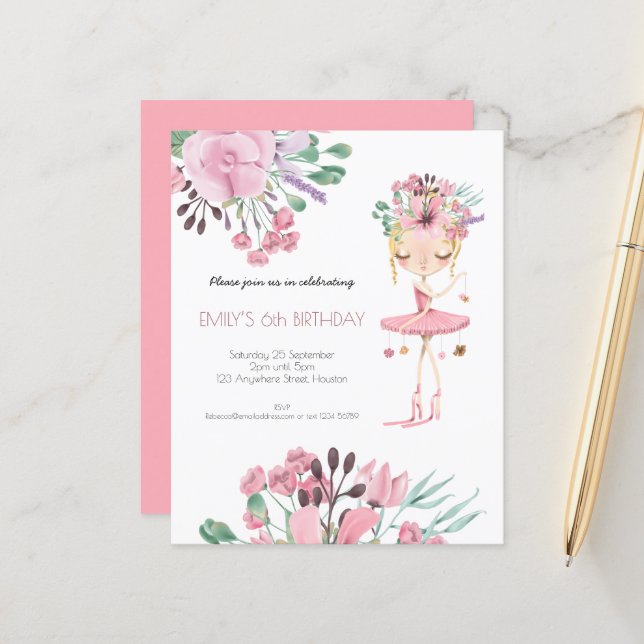 Papier Budget Ballerina Girl 6ème anniversaire Invitation (Devant/Arrière en situation)