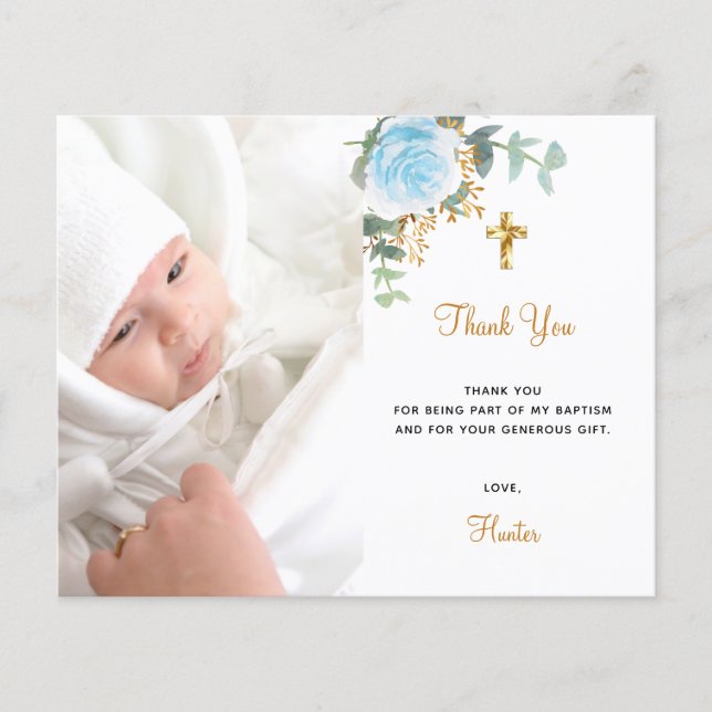 Papier Budget baptême bleu floral photo garçon merci (Devant)