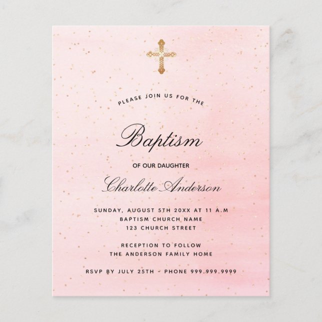 Papier Budget baptême blush rose or fille invitation (Devant)