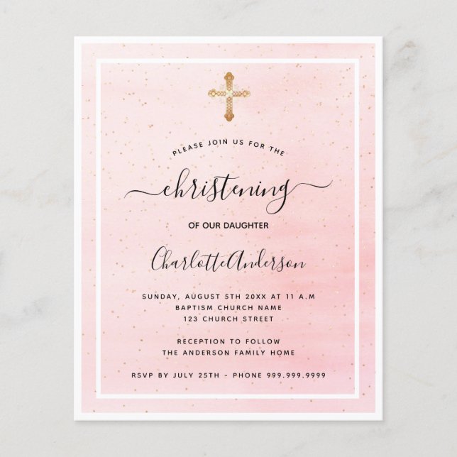 Papier Budget baptême blush rose or fille invitation (Devant)