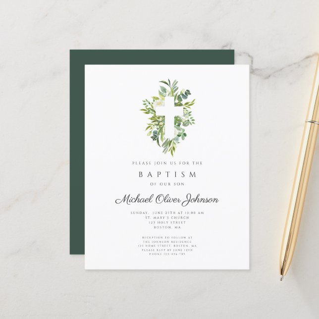 Papier Budget Baptême Botanique Religieux Invitation (Devant/Arrière en situation)