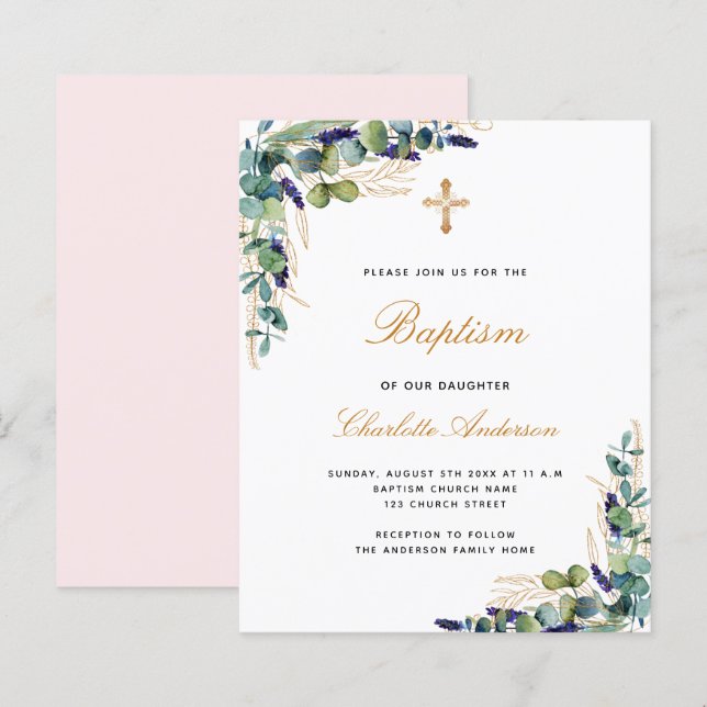 Papier Budget Baptême eucalyptus invitation verte rose (Devant / Derrière)
