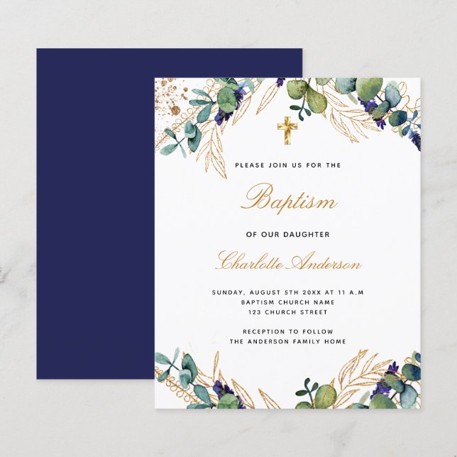 Papier Budget baptême eucalyptus marine invitation bleue (Devant / Derrière)
