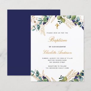 Papier Budget baptême eucalyptus marine invitation bleue