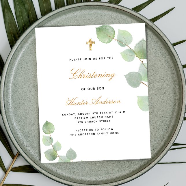 Papier Budget baptême eucalyptus or bleu invitation (Créateur téléchargé)