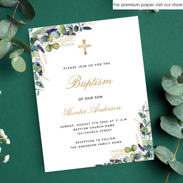 Papier Budget Baptême eucalyptus vert invitation bleue (Créateur téléchargé)