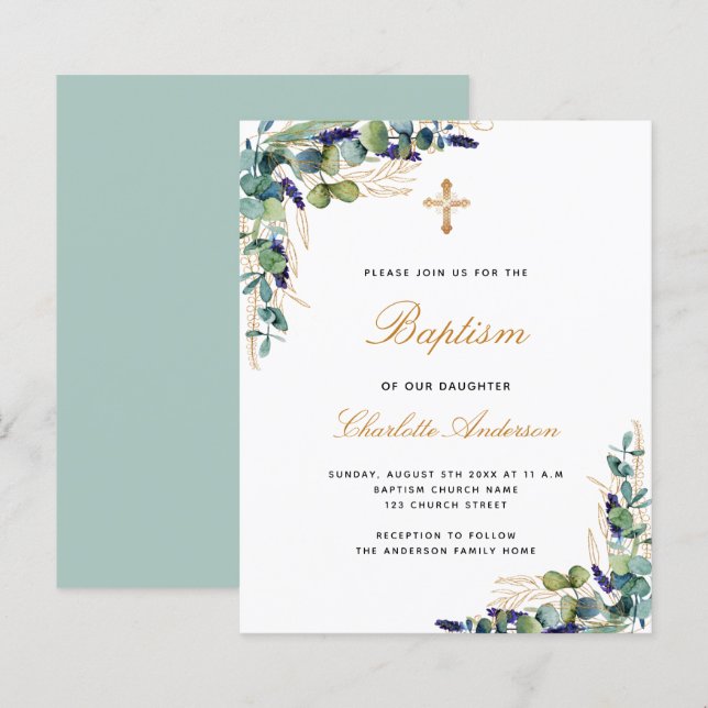 Papier Budget Baptême eucalyptus vert invitation or (Devant / Derrière)