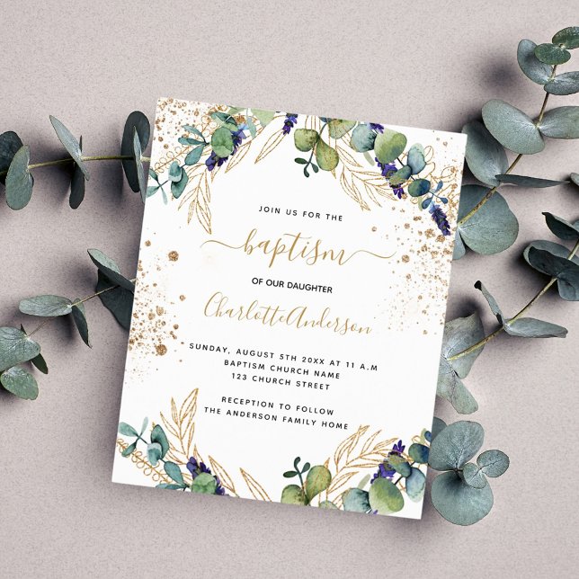 Papier Budget baptême eucalyptus vert invitation or (Créateur téléchargé)