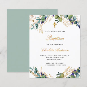 Papier Budget baptême eucalyptus vert invitation or