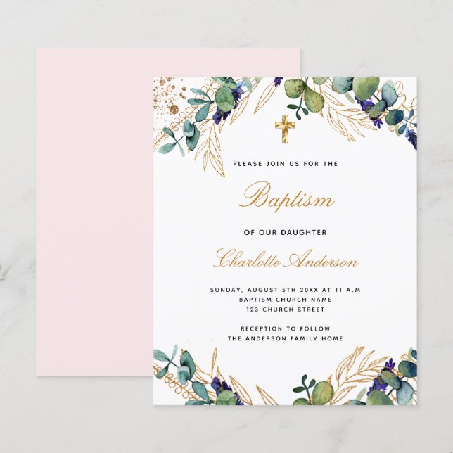 Papier Budget baptême eucalyptus vert invitation rose (Devant / Derrière)