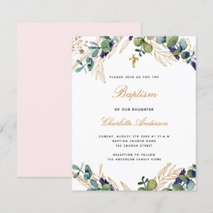 Papier Budget baptême eucalyptus vert invitation rose