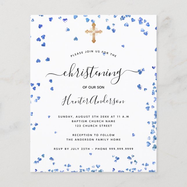 Papier Budget baptême garçon bleu coeur invitation (Devant)