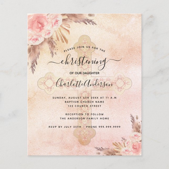 Papier Budget baptême pampas blush invitation croix (Devant)