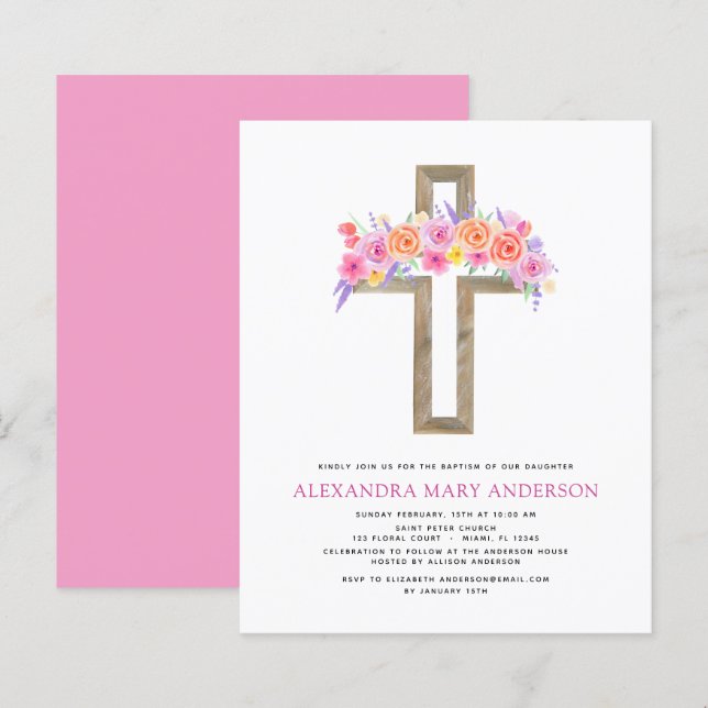 Papier Budget Baptême Pastel Floral Rose Croix (Devant / Derrière)