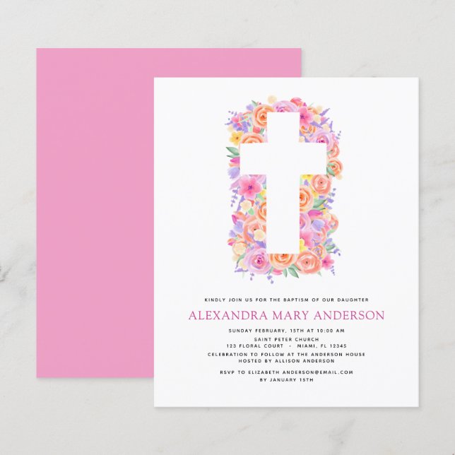 Papier Budget Baptême Pastel Floral Rose Croix (Devant / Derrière)