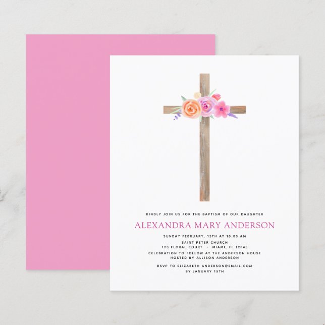 Papier Budget Baptême Pastel Floral Rose Croix (Devant / Derrière)