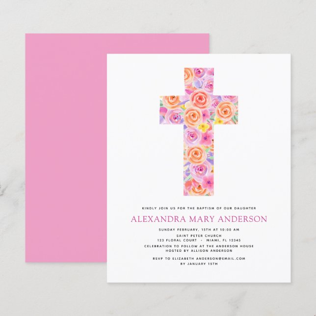 Papier Budget Baptême Pastel Floral Rose Croix (Devant / Derrière)