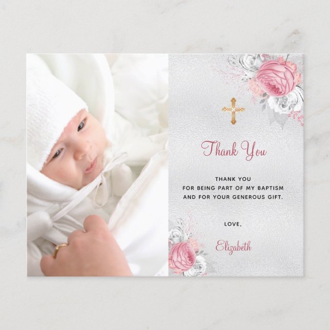 Papier Budget baptême rose floral photo argent merci (Devant)