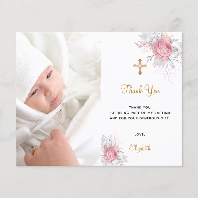 Papier Budget baptême rose floral photo fille merci (Devant)
