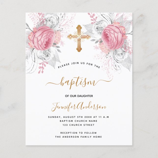 Papier Budget Baptême rose florales fille élégant (Devant)