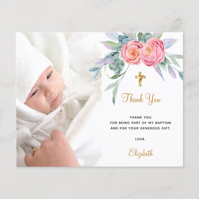 Papier Budget baptême rose floraux photo fille merci (Devant)