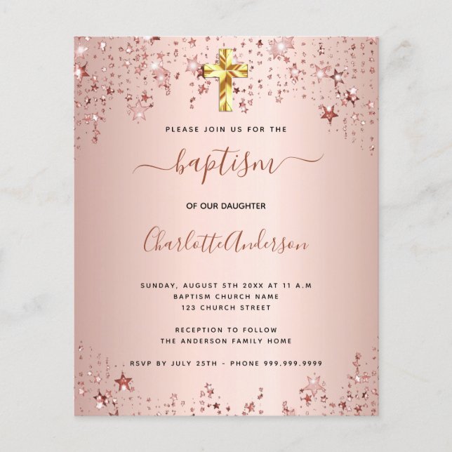 Papier Budget baptême rose or étoiles fille invitation (Devant)