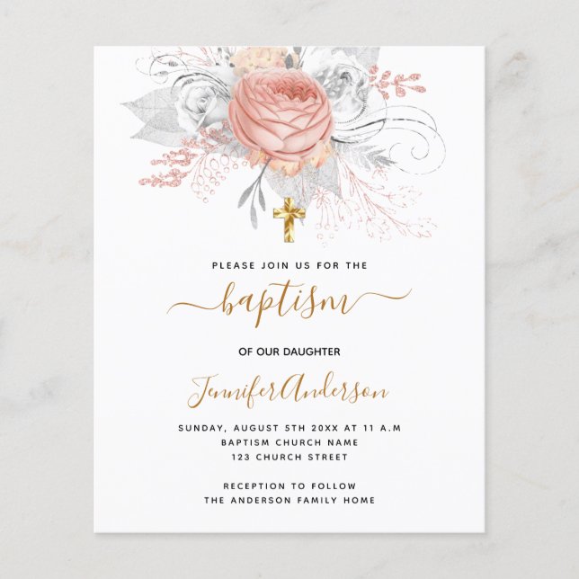 Papier Budget Baptême rose or florales fille blanche (Devant)