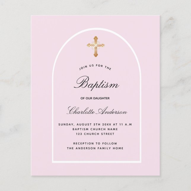 Papier Budget baptême rose petite fille invitation arc (Devant)