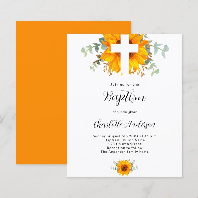 Papier Budget Baptême tournesol invitation eucalyptus (Devant / Derrière)