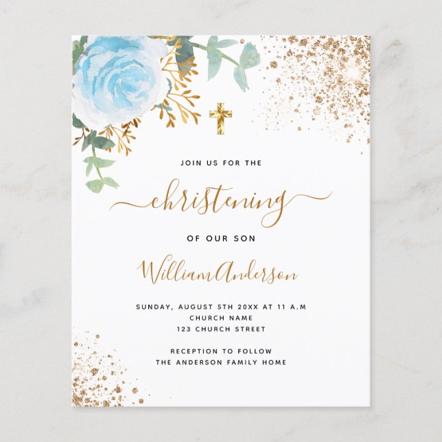 Papier Budget baptisant eucalyptus bleu fleuri or garçon (Devant)