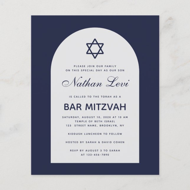Papier Budget Bar Mitzvah Marine Arc bleu Invitation (Devant)